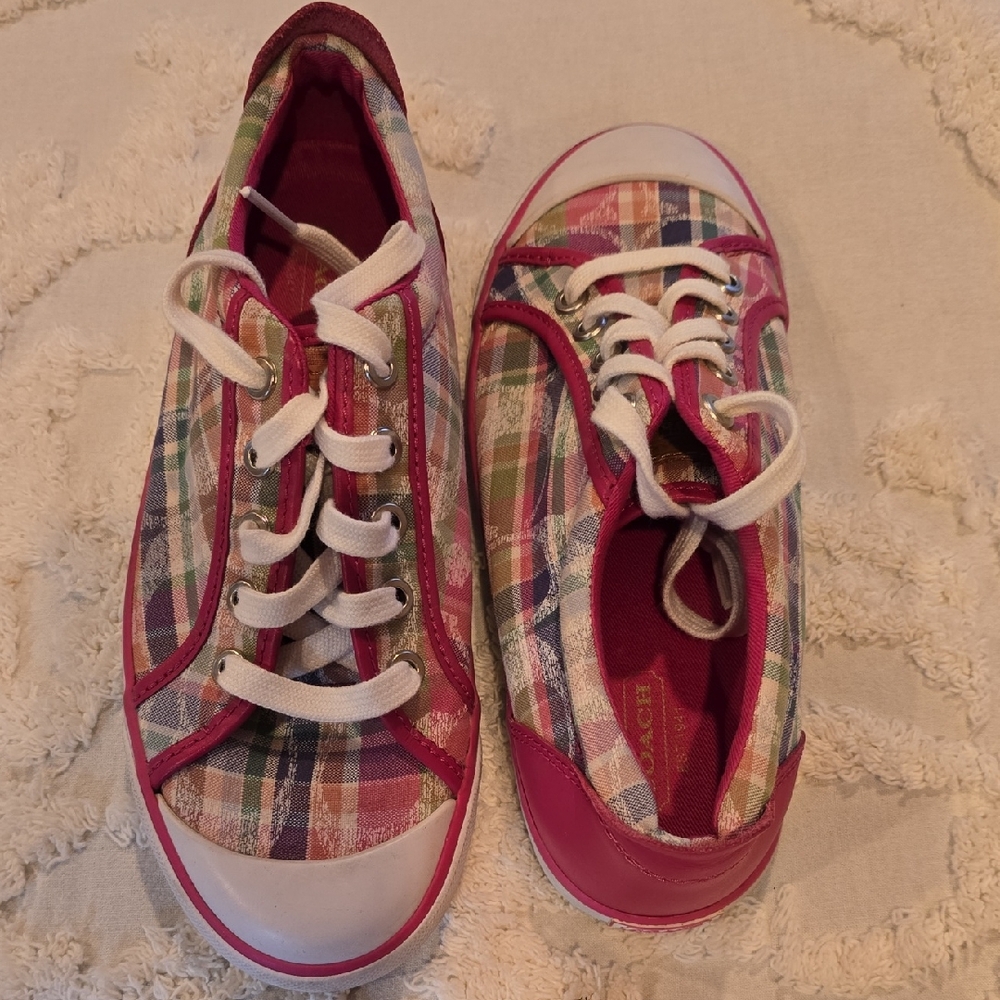 Coach Plaid Canvas Sneakers in Pink and Multicolor